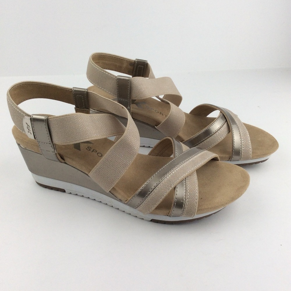 Anne Klein Sport Wedge Sandals Metallic Champagne Pewter 7M Old Money Glam - Picture 2 of 10